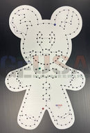White mickey mouse-shaped laser cut pegboard with black dotted lines and three colored dots from ginger mice by gilbert engineering usa