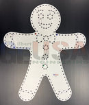 White plastic gingerbread boy craft template with black dotted stitching lines and colored pegs by gilbert engineering usa laser cut