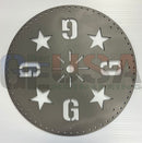 Circular matte gray steel tree topper with cut-out stars sunburst and stylized g letters perfect for voodoo blue decor