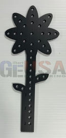 Black flower-shaped pegboard with circular holes and a stem designed for cosmo flower products by gilbert engineering