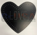 Black heart-shaped pegboard with brushed metal finish and circular holes by gilbert engineering usa inches wide outline