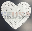 White heart-shaped pegboard from gilbert engineering usa with evenly spaced black holes along its inches wide outline