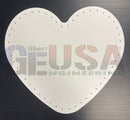 White heart-shaped cutting board with evenly spaced perforations along edge by gilbert engineering usa inches wide outline
