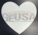 White heart-shaped metal template with perforated border and grid holes by gilbert engineering usa inches wide outline