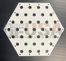 White hexagon panel by gilbert engineering with laser cut circular holes and diagonal ribbed texture