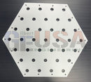 White hexagon panel metal plate with diagonal brushed finish and laser cut circular holes by gilbert engineering