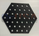 Black hexagon panel by gilbert engineering with laser cut circular holes and brushed metal finish