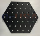 Black hexagon panel metal plate with brushed finish and laser cut circular holes by gilbert engineering