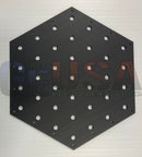 Black hexagon panel metal plate with brushed finish and laser cut circular holes by gilbert engineering