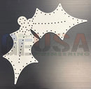 White holly-shaped laser cut pegboard with black dots by gilbert engineering usa for creative displays