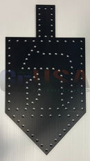 Black metal hanukkah dreidel with matte finish and silver rivets laser cut by gilbert engineering usa