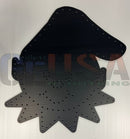 Black metal pegboard shaped like a mushroom with evenly spaced holes happy elf head by gilbert engineering usa laser cut