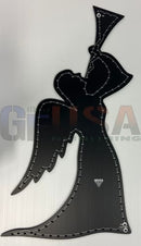 Black metal angel wall decoration with stitched detailing and geusa engraved on the side by gilbert engineering usa
