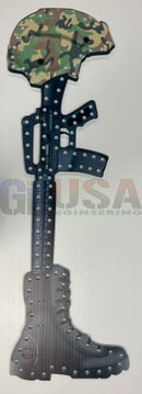Impression battle cross black and green camouflage helmet mounted on dark gray rifle with silver rivets by gilbert engineering usa