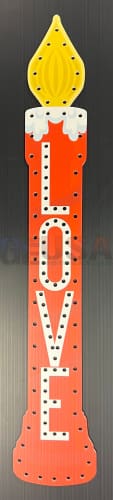 Impression candle 4.8 orange laser cut sign with white love lettering and yellow flame by gilbert engineering usa