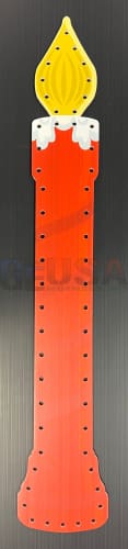 Red impression candle pegboard with yellow flame top white wax detail laser cut by gilbert engineering usa