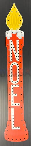 Red and yellow impression candle shaped sign with noel in white lettering laser cut by gilbert engineering usa