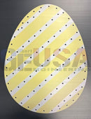 A yellow and white diagonally striped easter egg pegboard with black dots from impression easter eggs collection