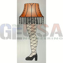Impression leg lamp with orange black lampshade and silver studs on white fishnet leg base by gilbert engineering usa laser cut