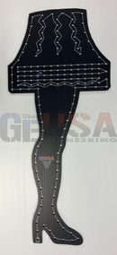Black plastic coro leg lamp template with white stitching and be usa logo by gilbert engineering usa laser cut design