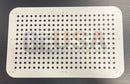White rectangular metal plate with laser cut circular perforations and rounded corners by gilbert engineering usa inches wide
