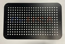 Black rectangular metal panel with circular perforations laser cut by gilbert engineering usa inches wide for tune to signs