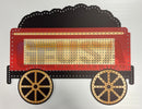 Red and black metal laser cut impression coal car wagon-shaped pegboard with gold accents by gilbert engineering usa