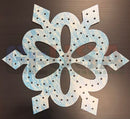 Impression flake l laser cut pegboard by gilbert engineering usa in light blue and white marbled snowflake shape with holes