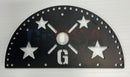 Black semi-circular metal steel tree topper with cut-out stars and central g logo in voodoo blue and emerald green accents
