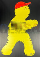 Yellow metal child-shaped pegboard with red cap and laser cut design from gilbert engineering usa justin traffic product