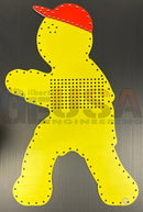Yellow laser cut pegboard figure wearing a red cap from gilbert engineering usa justin traffic product impression