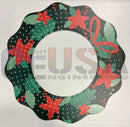 A festive black-framed impression mega wreath with red poinsettias green leaves and a scalloped border by gilbert engineering usa