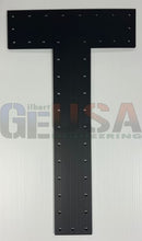 Black t-shaped metal wall art from alpha letters with silver rivets laser cut by gilbert engineering usa