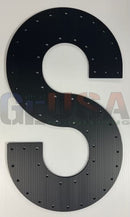 Black metal alpha letter s with brushed finish and rivets laser cut by gilbert engineering usa