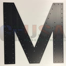 Black metal letter m with brushed finish and rivets from gilbert engineering usa laser cut alpha letters