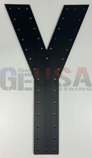 Black metal alpha letter y with matte finish and rivets by gilbert engineering usa laser cut design