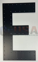 Black metal alpha letter e with brushed finish and rivet detailing from gilbert engineering usa laser cut collection