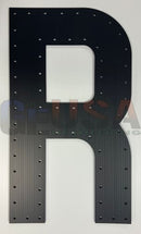 Black metal alpha letter r with brushed finish and rivets laser cut by gilbert engineering usa
