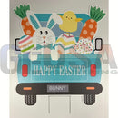 A cheerful light blue laser cut easter truck yard art featuring a white bunny with a plaid bow tie and colorful eggs by gilbert engineering