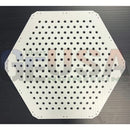 Flake i white hexagonal metal panel with laser cut circular holes by gilbert engineering usa at yai yai center