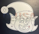 White santa hat-shaped embroidery pattern with black dotted lines and numbered stitch points for holly the girl elf by gilbert engineering usa laser cut