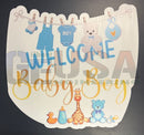 A charming white wooden baby boy yard sign with blue and gold lettering and boy yard art cutouts by gilbert engineering usa