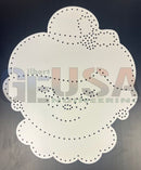 White paper cutout of a smiling mrs claus face with scalloped edges and dotted outline by gilbert engineering usa laser cut