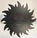 Black metal sunburst shaped pegboard with brushed finish and perforations for gilbert engineering xlights models laser cut design