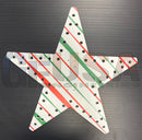 Impression star 21 white star decoration with red green stripes and black holes, perfect next to a red plaid snowflake