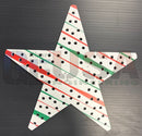 Impression star 21 is a white star-shaped pegboard with red and green stripes and black holes, perfect for red plaid snowflake decor
