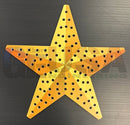 A vibrant yellow-orange star-shaped metal ornament with perforated design from impression star 21 collection great beside blue white snowflake decor