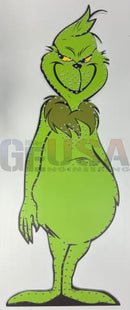 Green grinch laser cut cutout with grumpy expression dotted texture and black outlines by gilbert engineering usa