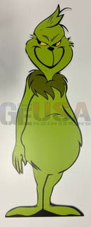 Green grinch character cutout with spiky hair and yellow eyes from impression the mean one by gilbert engineering usa laser cut