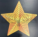 A vibrant yellow-orange metal impression star 36-370 tree topper with perforated pattern and two vertical slots by gilbert engineering usa